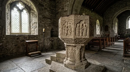 Medieval Westmeath Baptismal Fonts: History | Brookside Church 1 Ancient medieval stone baptismal font in an Irish church (AI Generated Image)