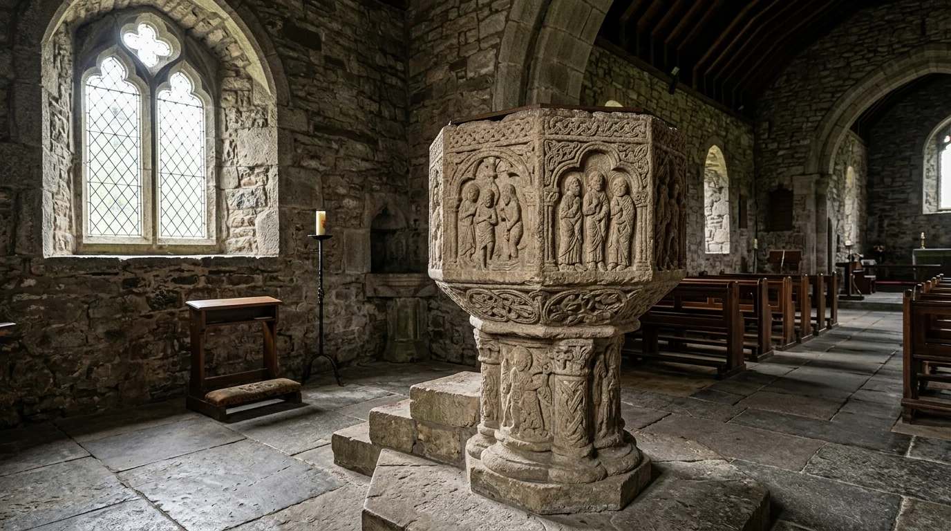 Medieval Westmeath Baptismal Fonts: History | Brookside Church 2 Ancient medieval stone baptismal font in an Irish church (AI Generated Image)