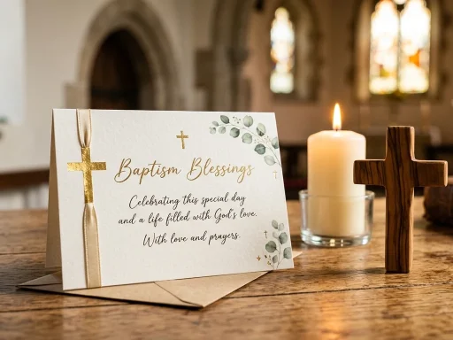 Baptism greeting card next to a candle and cross